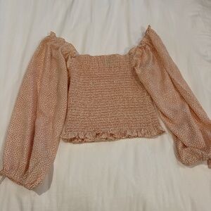 Princess Polly Tan and Pink Puff Sleeve Smocked Blouse